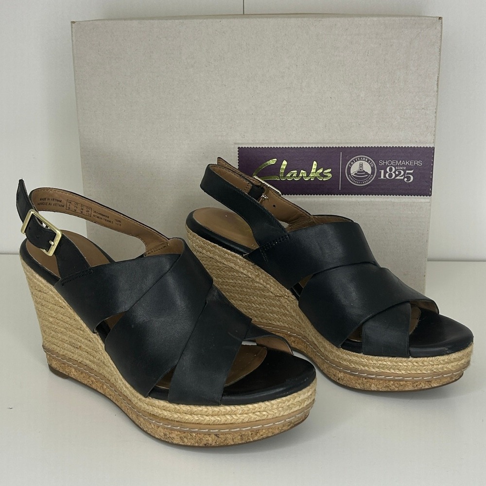 Clarks Womens Espadrille Sandals Black Leather Wedge Slingback Size 7.5M